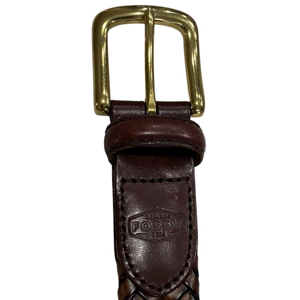 Fossil Vintage Brown Braided Leather Belt Size 34 Brass Buckle LNWT - Picture 2 of 10